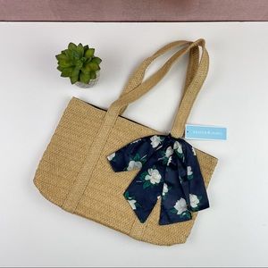 Draper James Brown Blue Straw Bag Purse Floral Magnolias Navy Blue Scarf New
